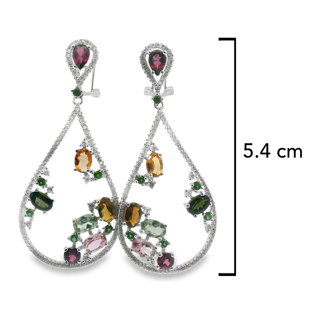 Aretes de Gota Piedras Preciosas, Turmalina, Citrino, Amatista, Agua Marina Plata .925 con Baño de Rodio