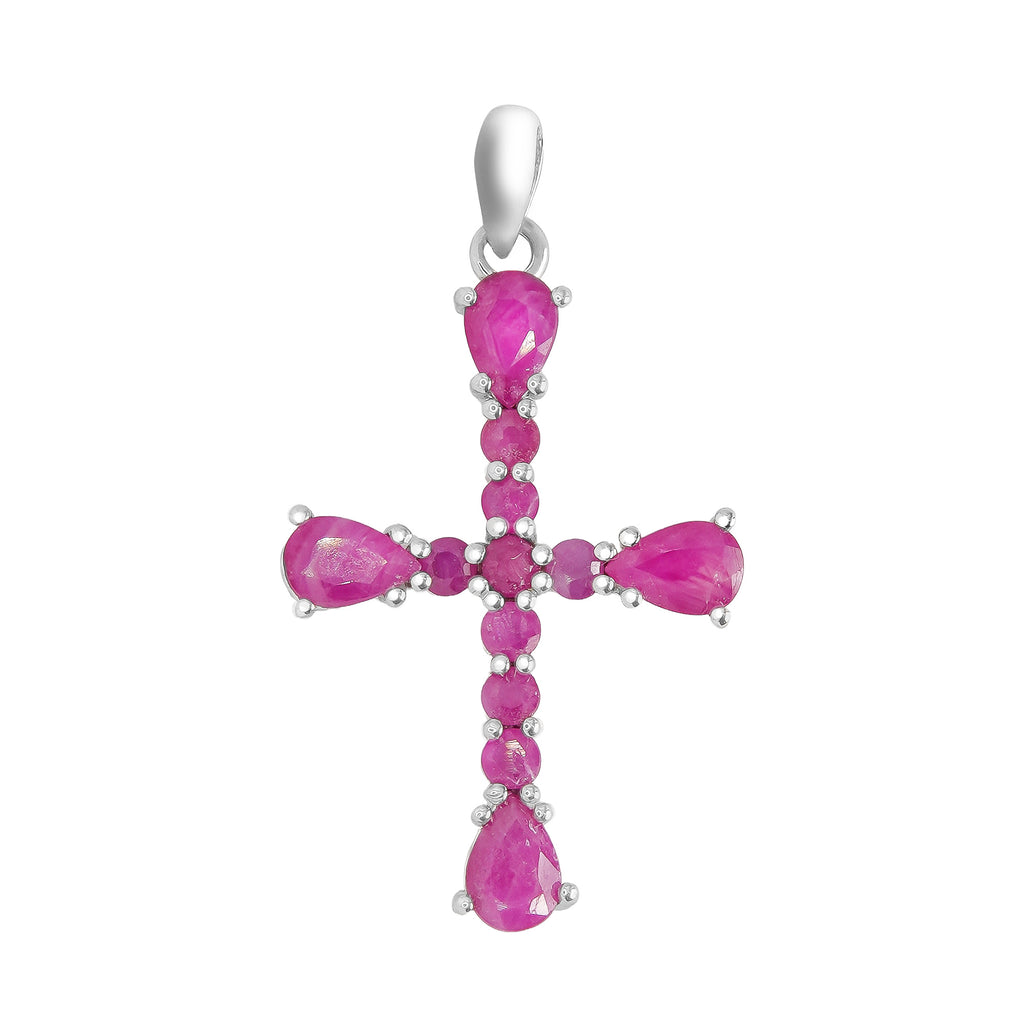 Dije Cruz Piedras Preciosas Rubí, Plata .925 con Baño de Rodio. Tamaño 3.8 cm