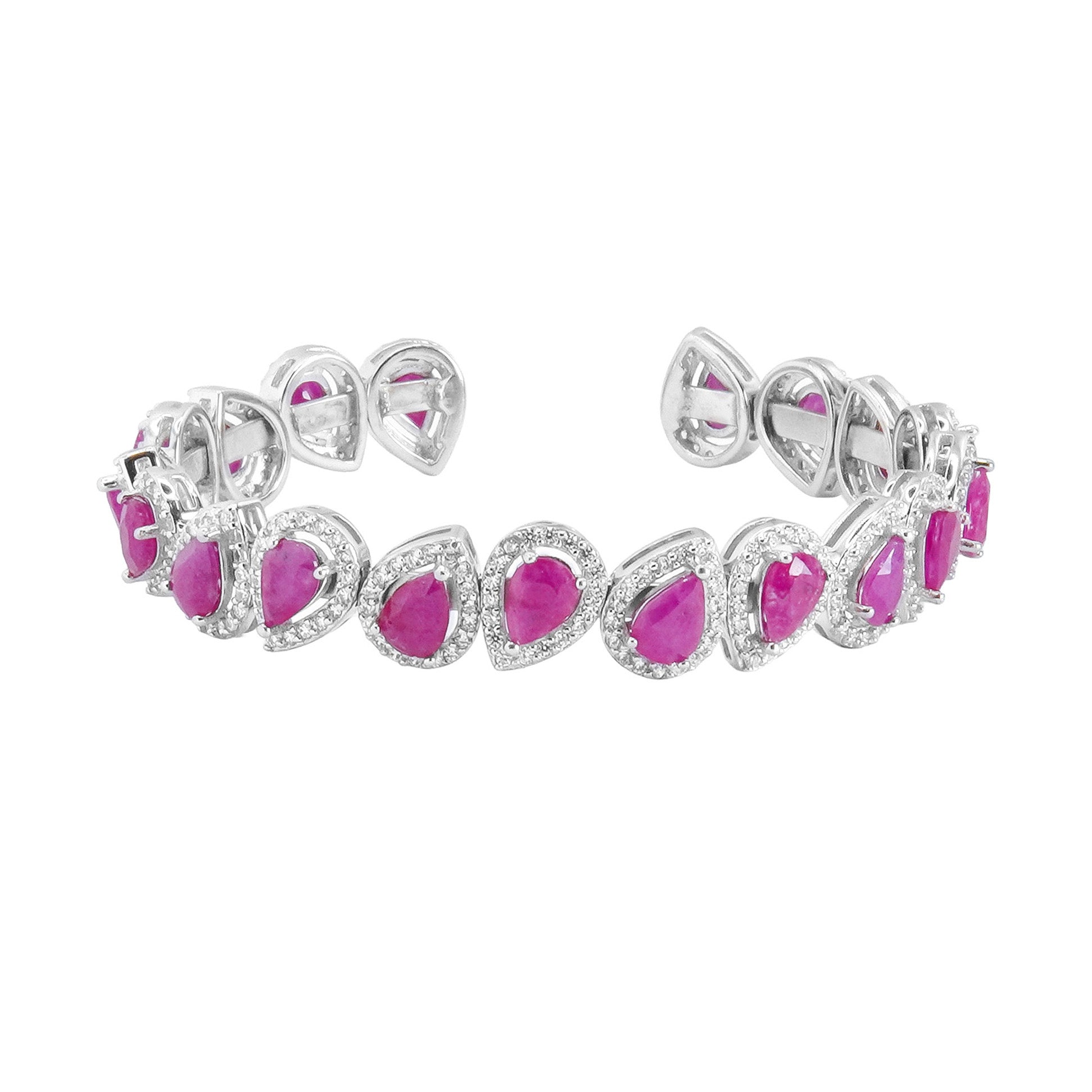 Brazalete Piedras Preciosas Gotas de Rubí con Circonias, Plata .925 con Baño de Rodio