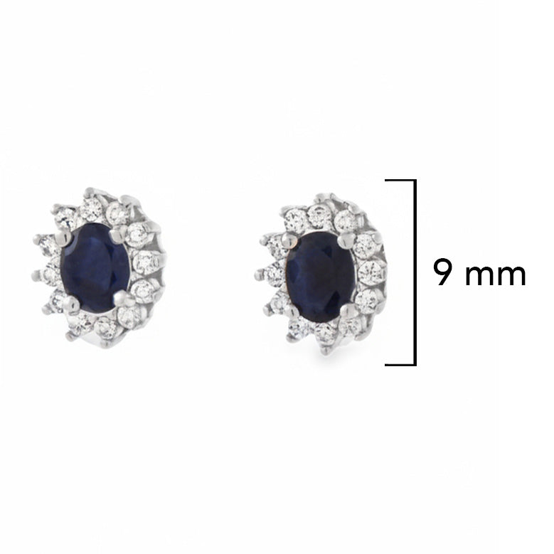 Aretes Piedras Preciosas Zafiro Ovalado con Circonias Blancas, Plata .925 con Baño de Rodio