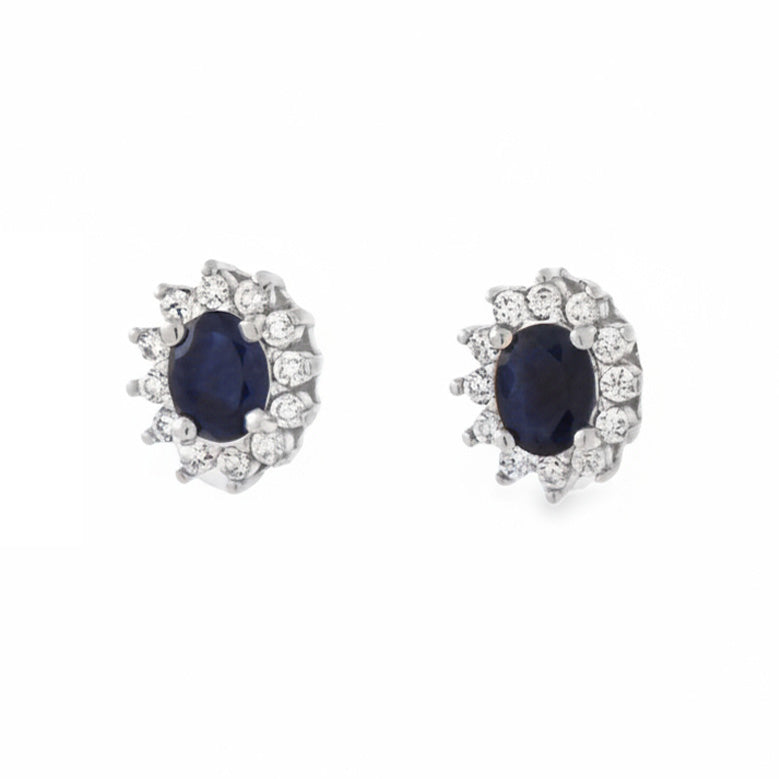 Aretes Piedras Preciosas Zafiro Ovalado con Circonias Blancas, Plata .925 con Baño de Rodio