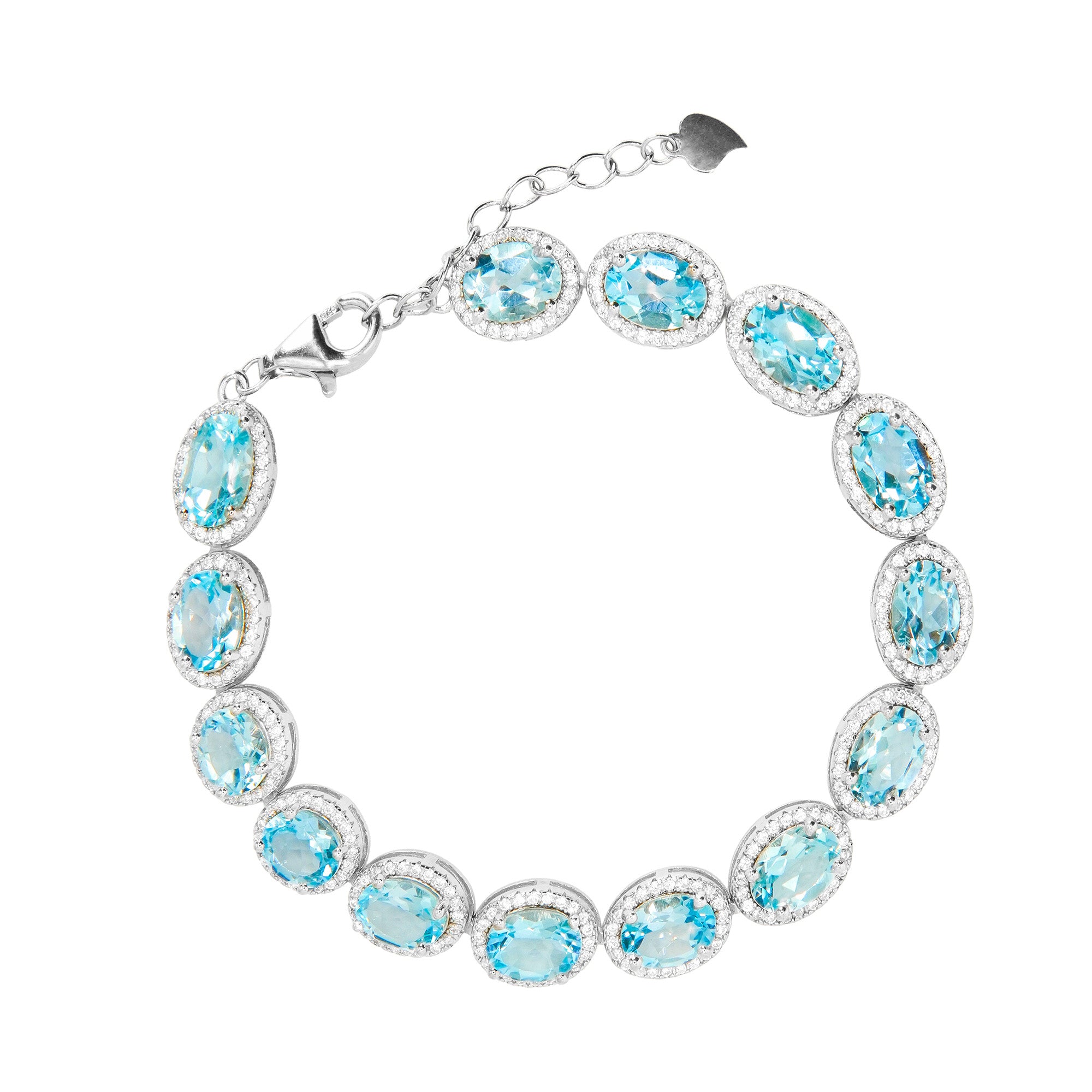 Pulsera Piedras Preciosas Topacio Azul Ovalado con Circonias, Plata .925 con Baño de Rodio.