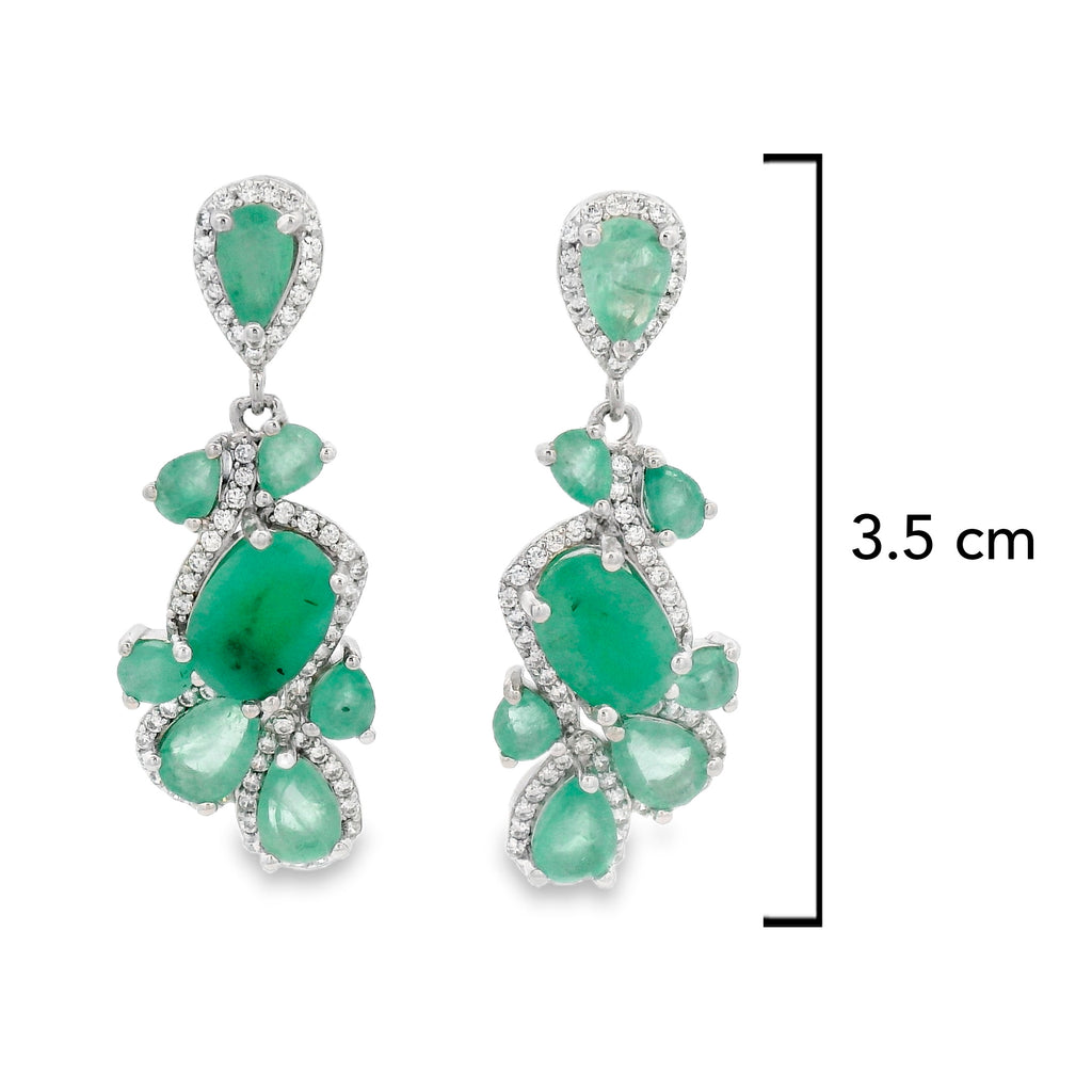 Arete Largo Piedra Preciosa Esmeraldas con Circonias, Plata .925 con Baño de Rodio