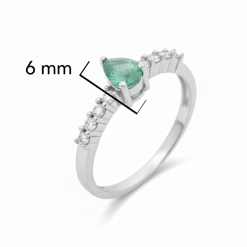 Anillo Piedra Preciosa Esmeralda Gota y Circonias, Plata .925 con Baño de Rodio