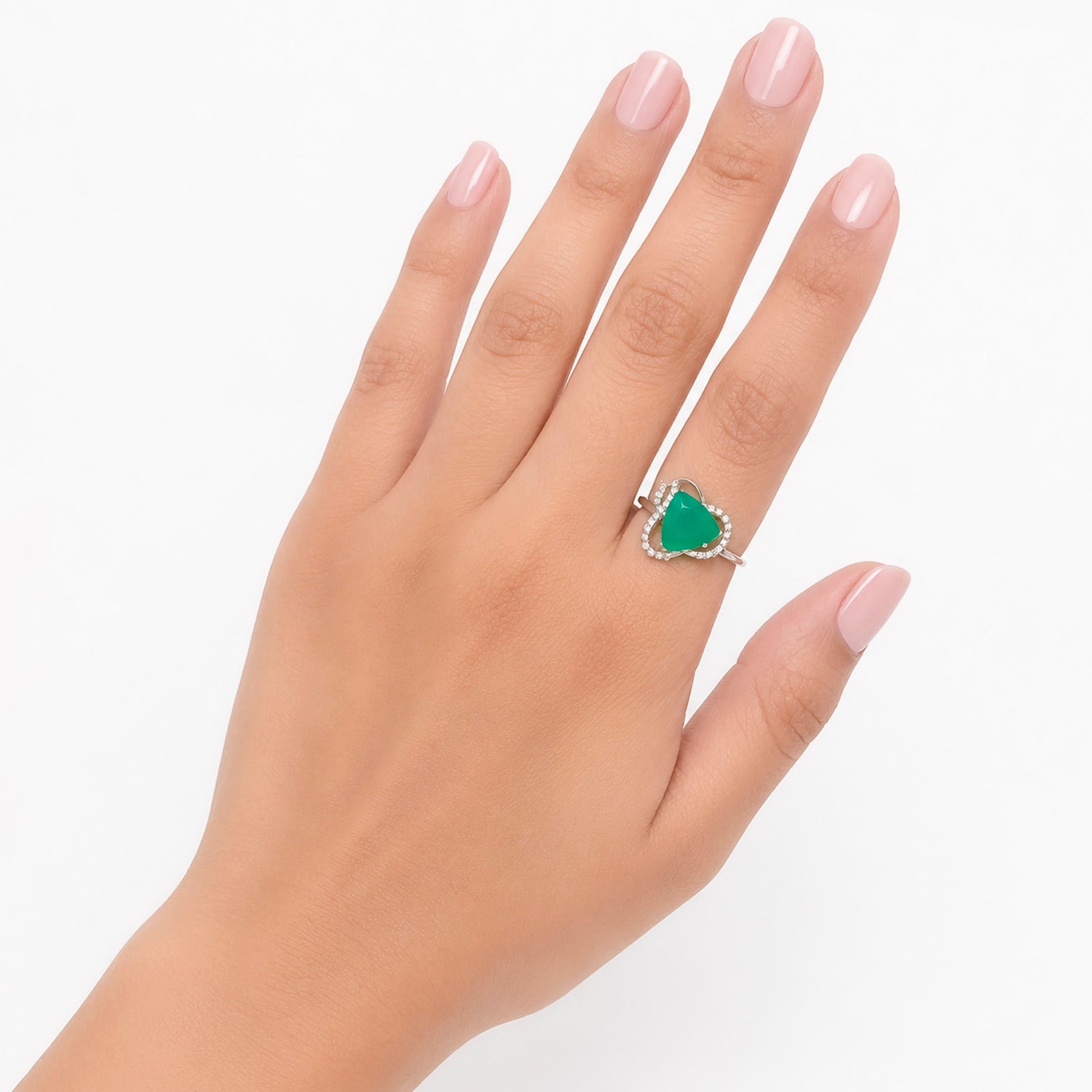 Juego de Aretes y Anillo Piedras Preciosas Esmeraldas Triángulo con Circonias , Plata .925 con Baño de Rodio