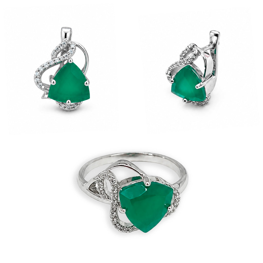 Juego de Aretes y Anillo Piedras Preciosas Esmeraldas Triángulo con Circonias , Plata .925 con Baño de Rodio