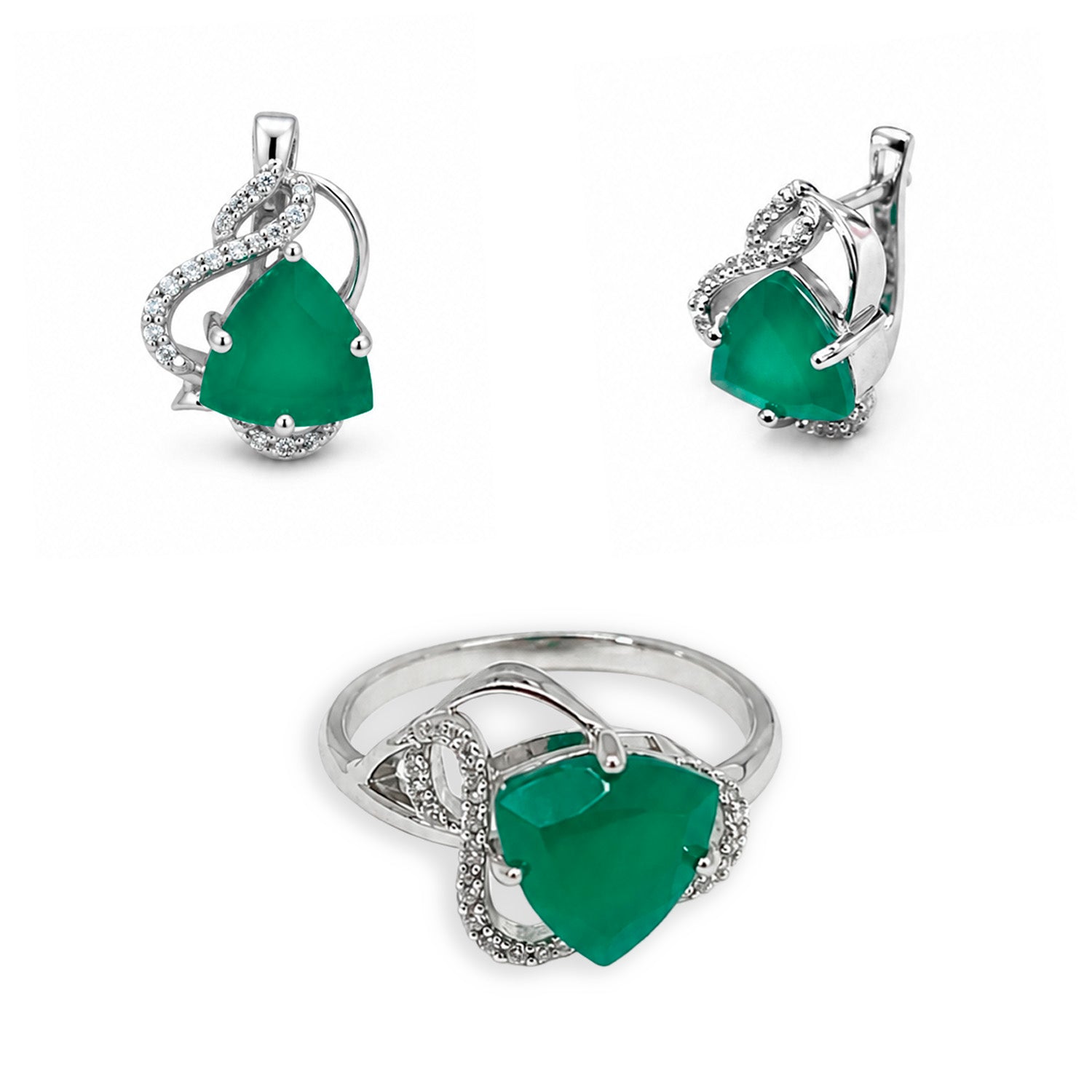 Juego de Aretes y Anillo Piedras Preciosas Esmeraldas Triángulo con Circonias , Plata .925 con Baño de Rodio