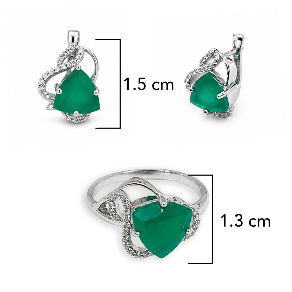 Juego de Aretes y Anillo Piedras Preciosas Esmeraldas Triángulo con Circonias , Plata .925 con Baño de Rodio