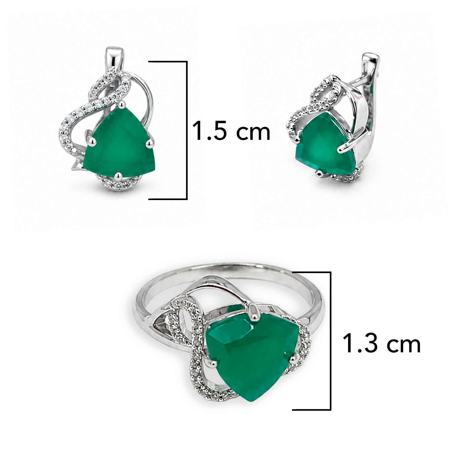 Juego de Aretes y Anillo Piedras Preciosas Esmeraldas Triángulo con Circonias , Plata .925 con Baño de Rodio