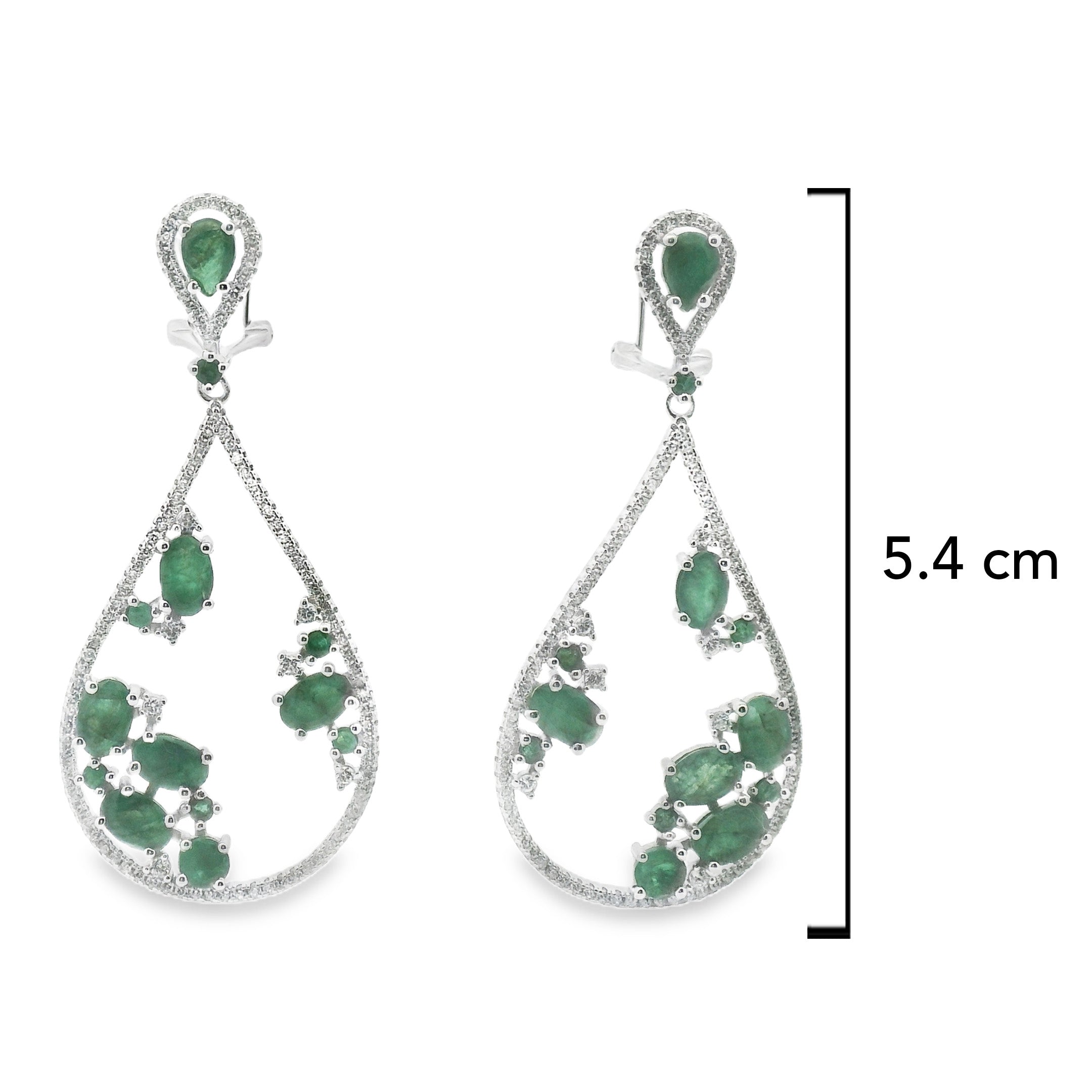 Arete Largo de Gota Piedras Preciosas Esmeraldas, Plata .925 con Baño de Rodio