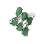 Anillo Piedra Preciosa 6 Esmeraldas Ovaladas y Circonias, Plata .925 con Baño de Rodio