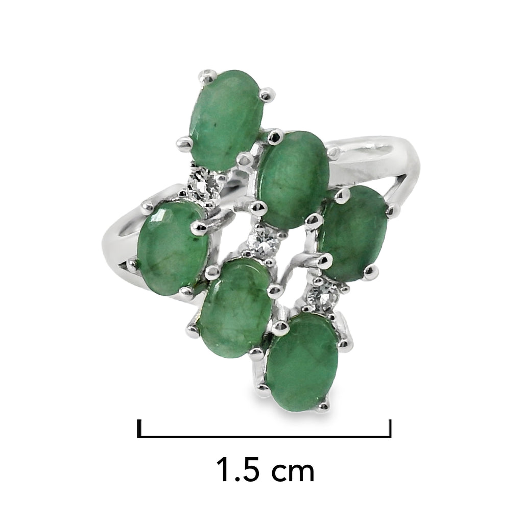 Anillo Piedra Preciosa 6 Esmeraldas Ovaladas y Circonias, Plata .925 con Baño de Rodio