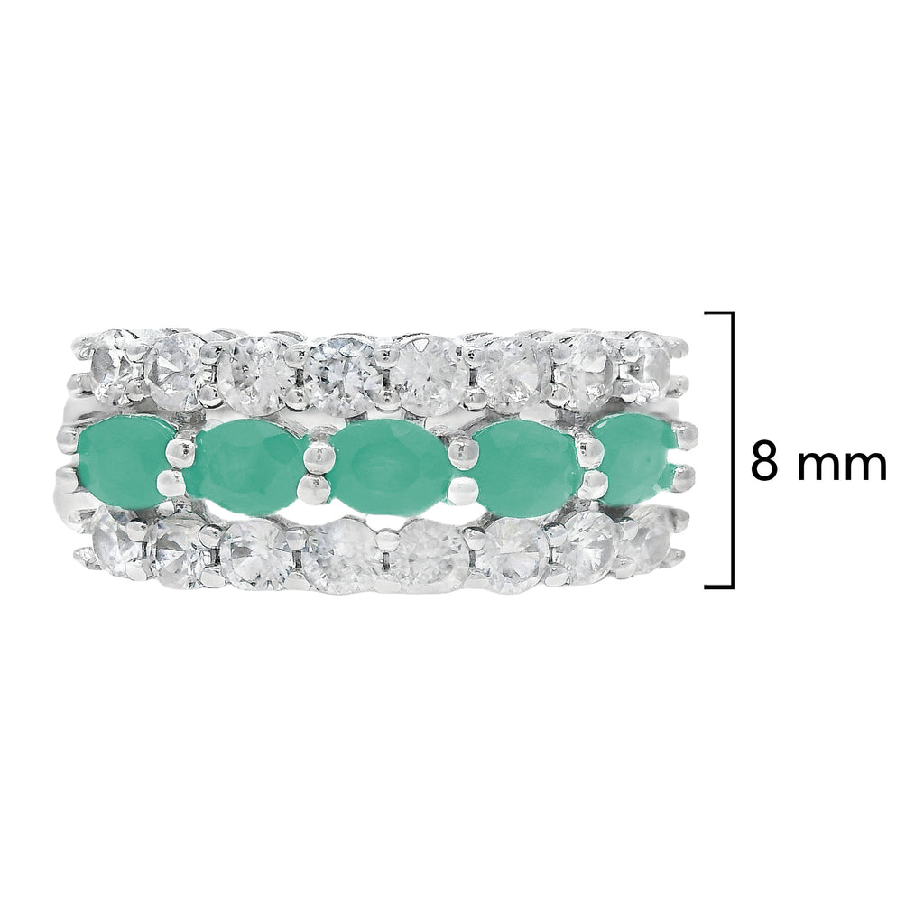 Anillo Piedras Preciosas 5 Esmeraldas con Circonias, Plata .925 con Baño de Rodio