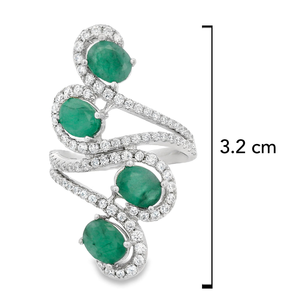 Anillo Piedra Preciosa 4 Esmeraldas con Circonias, Plata .925 con Baño de Rodio