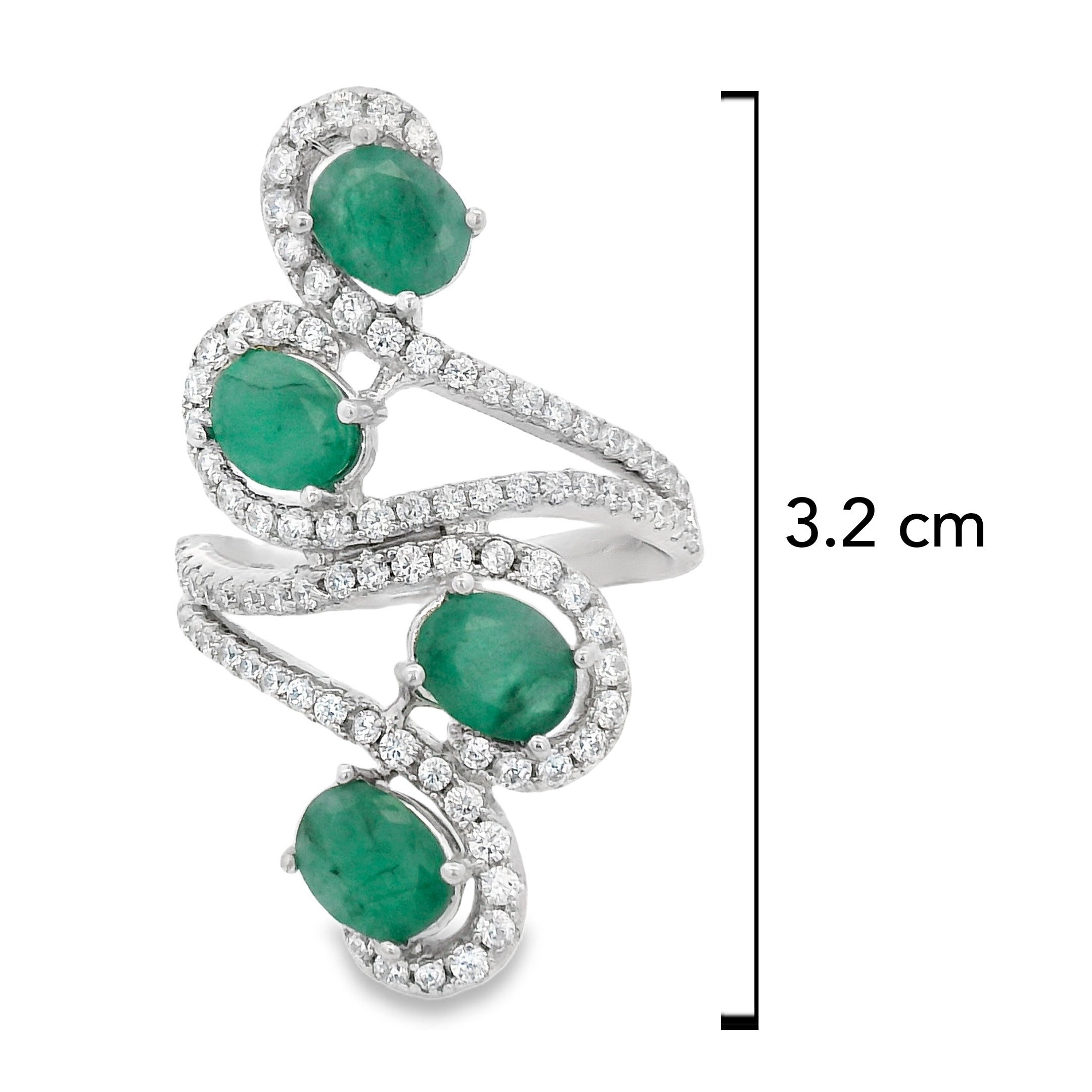 Anillo Piedra Preciosa 4 Esmeraldas con Circonias, Plata .925 con Baño de Rodio