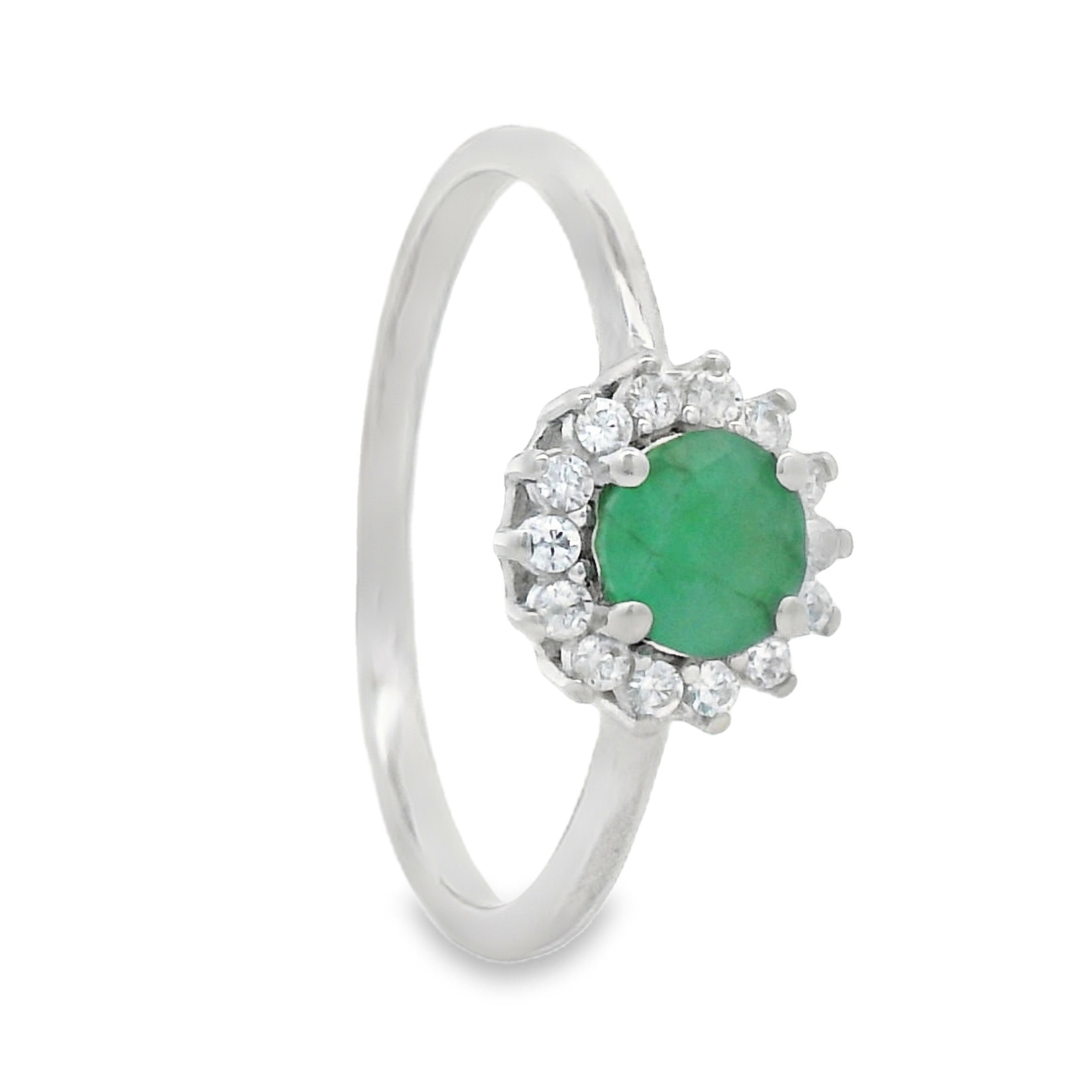 Anillo Piedras Preciosas Flor de Esmeralda con Circonias, Plata .925 con Baño de Rodio