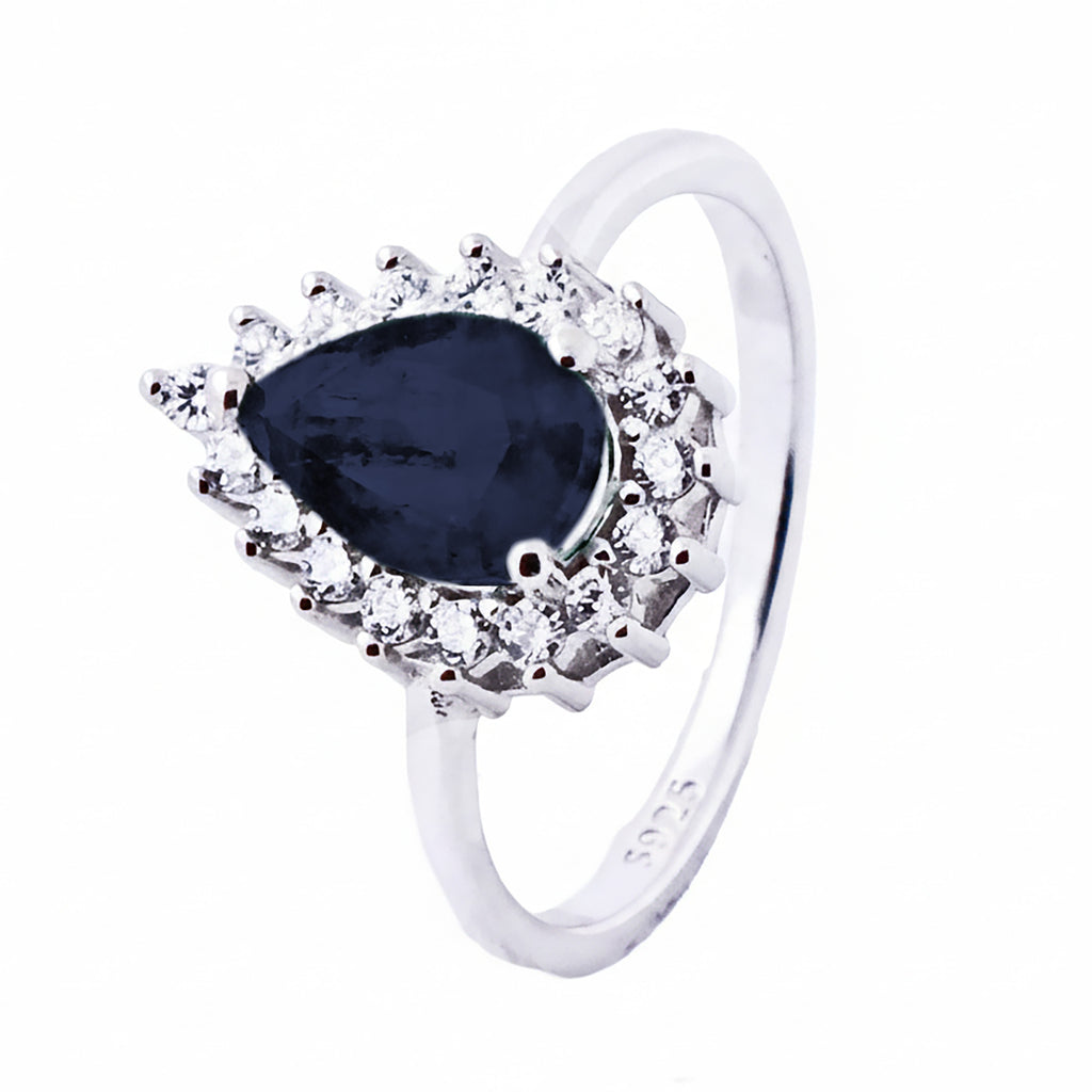 Anillo Piedras Preciosas Gota de Zafiro con Circonias, Plata .925 con Baño de Rodio