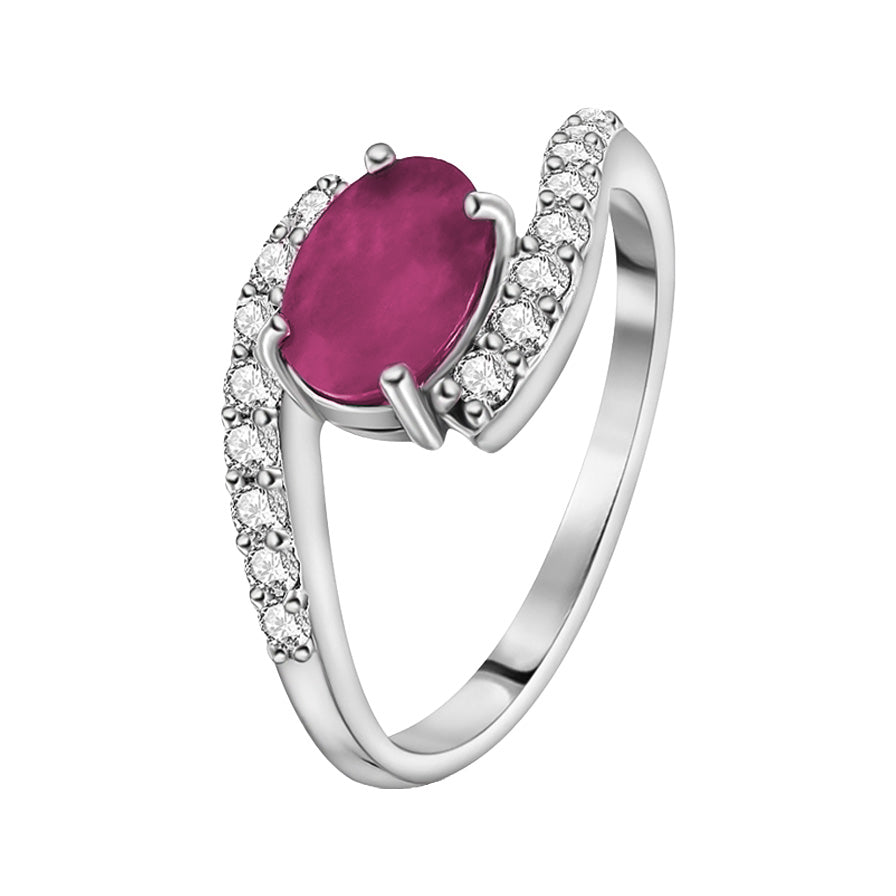 Anillo Piedras Preciosas Rubí Óvalo con Circonias, Plata .925 con Baño de Rodio