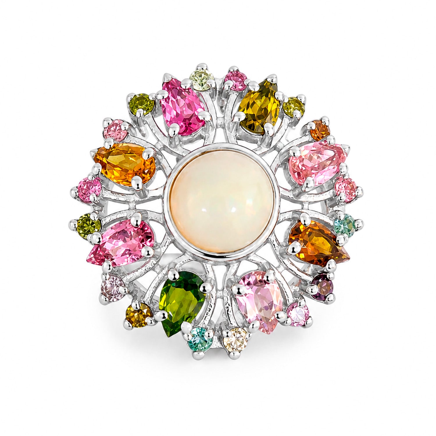Anillo Piedras Preciosas Flor Primavera Turmalinas de Colores, Plata .925 con Baño de Rodio