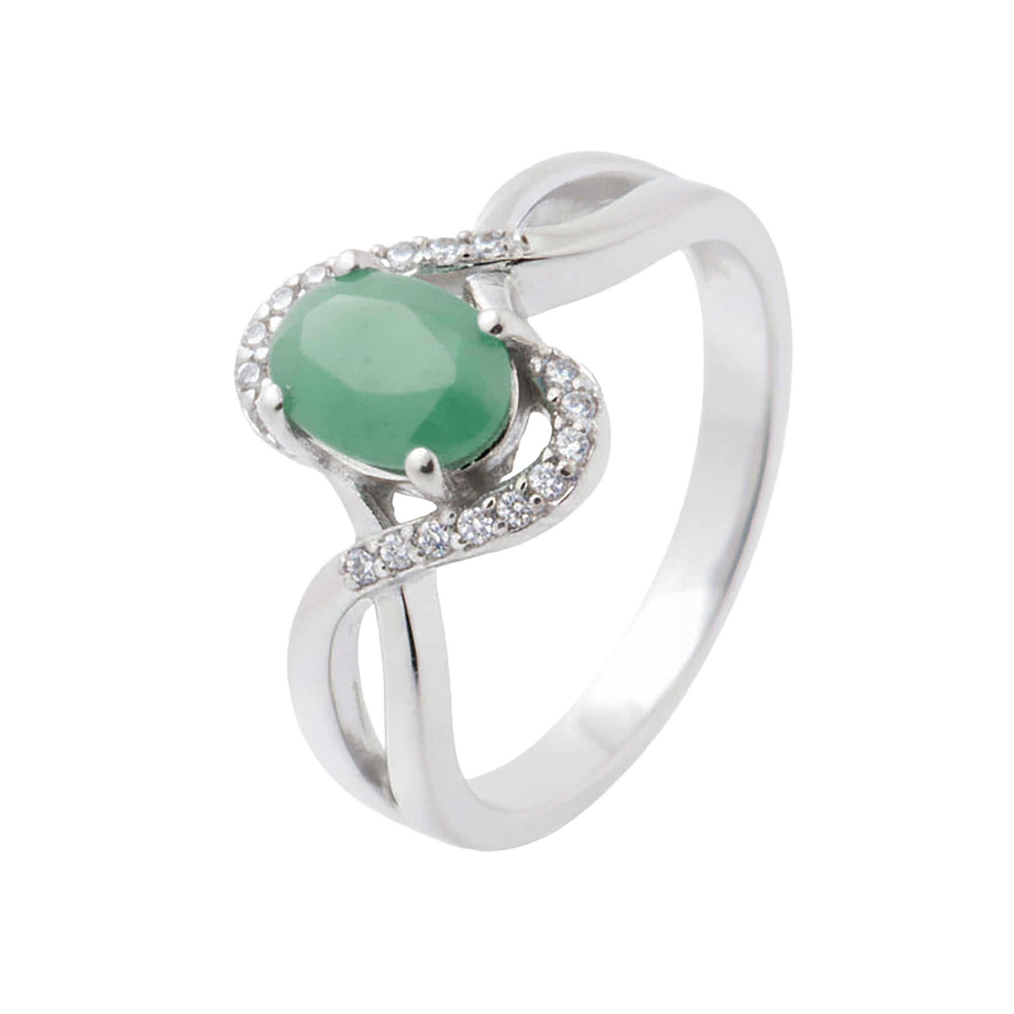 Anillo Piedras Preciosas Esmeralda Entrelazado con Circonias, Plata .925 con Baño de Rodio