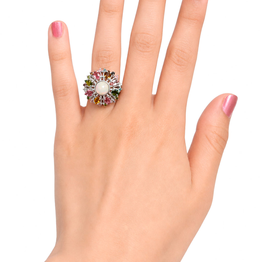Anillo Piedras Preciosas Flor Primavera Turmalinas de Colores, Plata .925 con Baño de Rodio