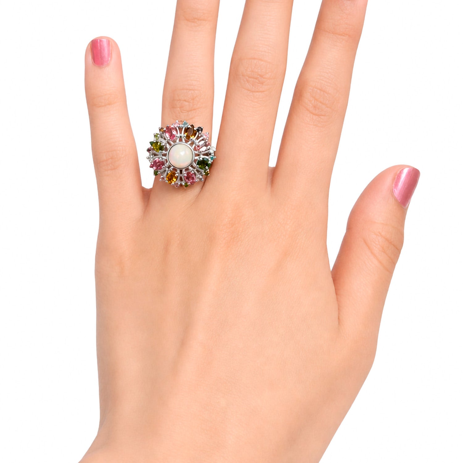 Anillo Piedras Preciosas Flor Primavera Turmalinas de Colores, Plata .925 con Baño de Rodio