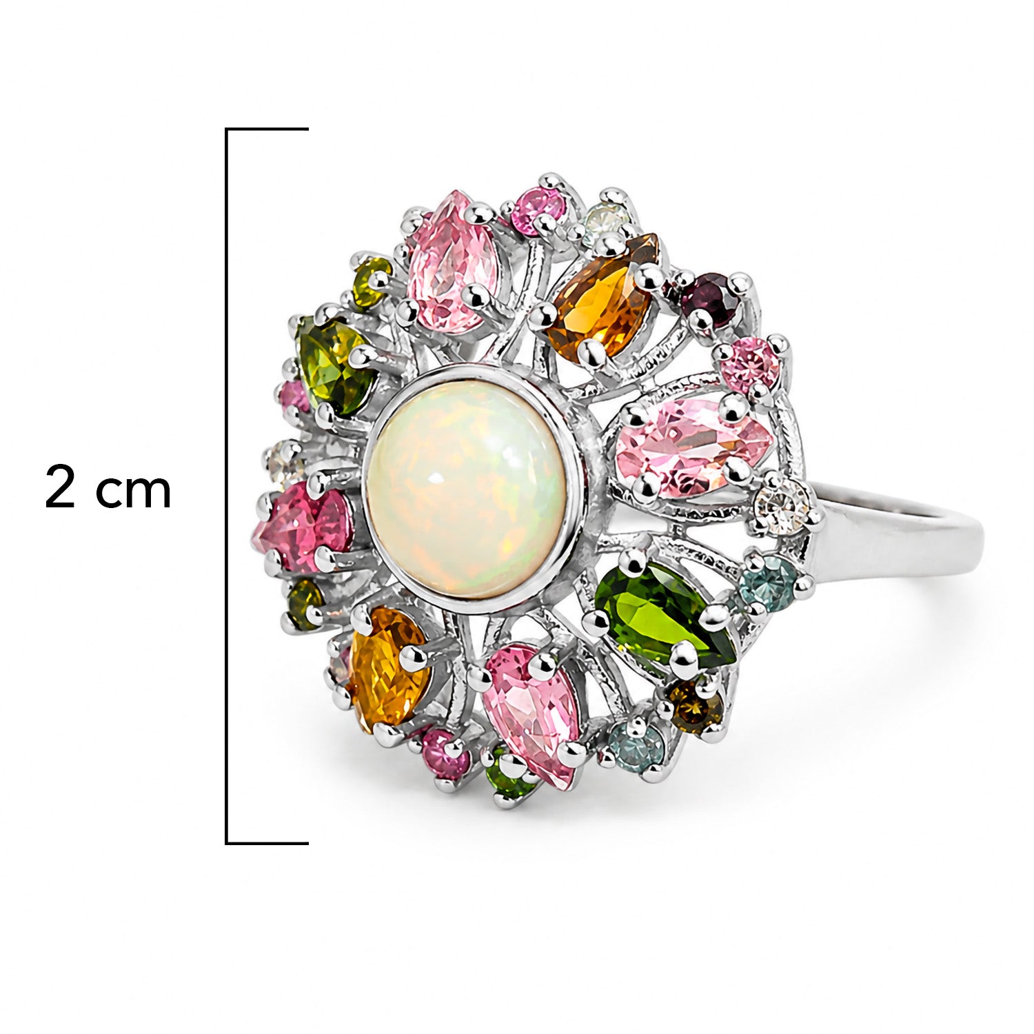 Anillo Piedras Preciosas Flor Primavera Turmalinas de Colores, Plata .925 con Baño de Rodio