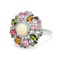 Anillo Piedras Preciosas Flor Primavera Turmalinas de Colores, Plata .925 con Baño de Rodio