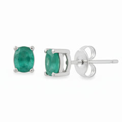 Arete Piedra Preciosa Esmeralda Chica en óvalo, Plata .925 con Baño de Rodio