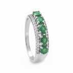 Anillo Piedra Preciosa 5 Esmeraldas con Circonias Chicas, Plata .925 con Baño de Rodio