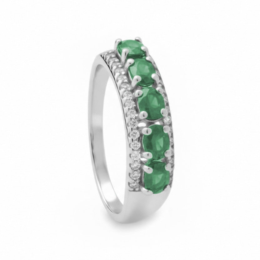 Anillo Churumbela Piedra Preciosa Esmeraldas con Circonias Chicas, Plata .925 con Baño de Rodio