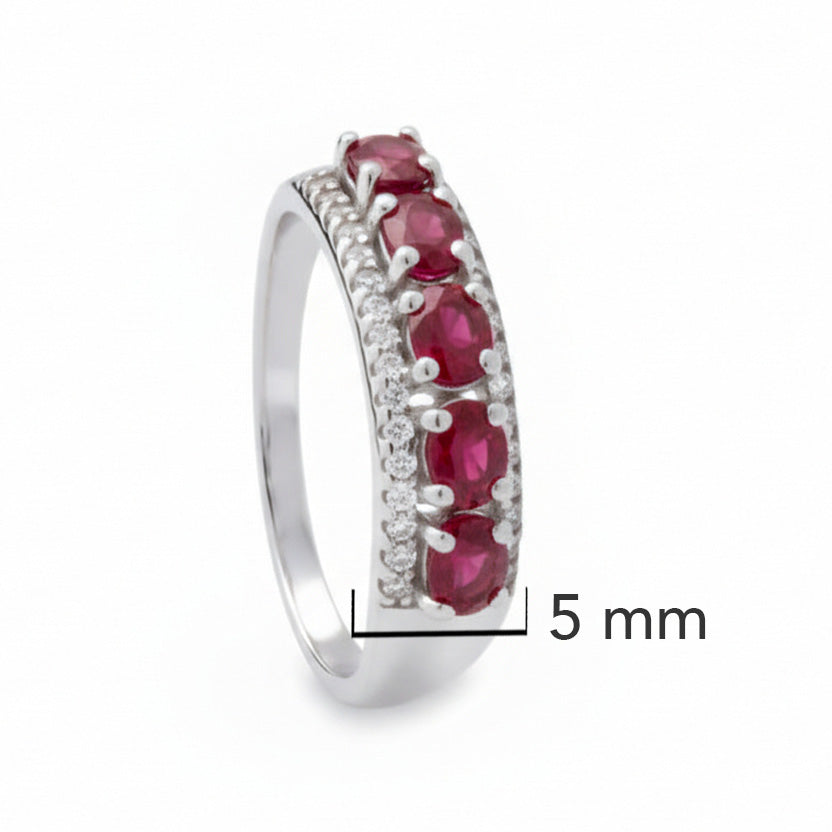 Anillo Piedra Preciosa 5 Rubí con Circonias Chicas, Plata .925 con Baño de Rodio