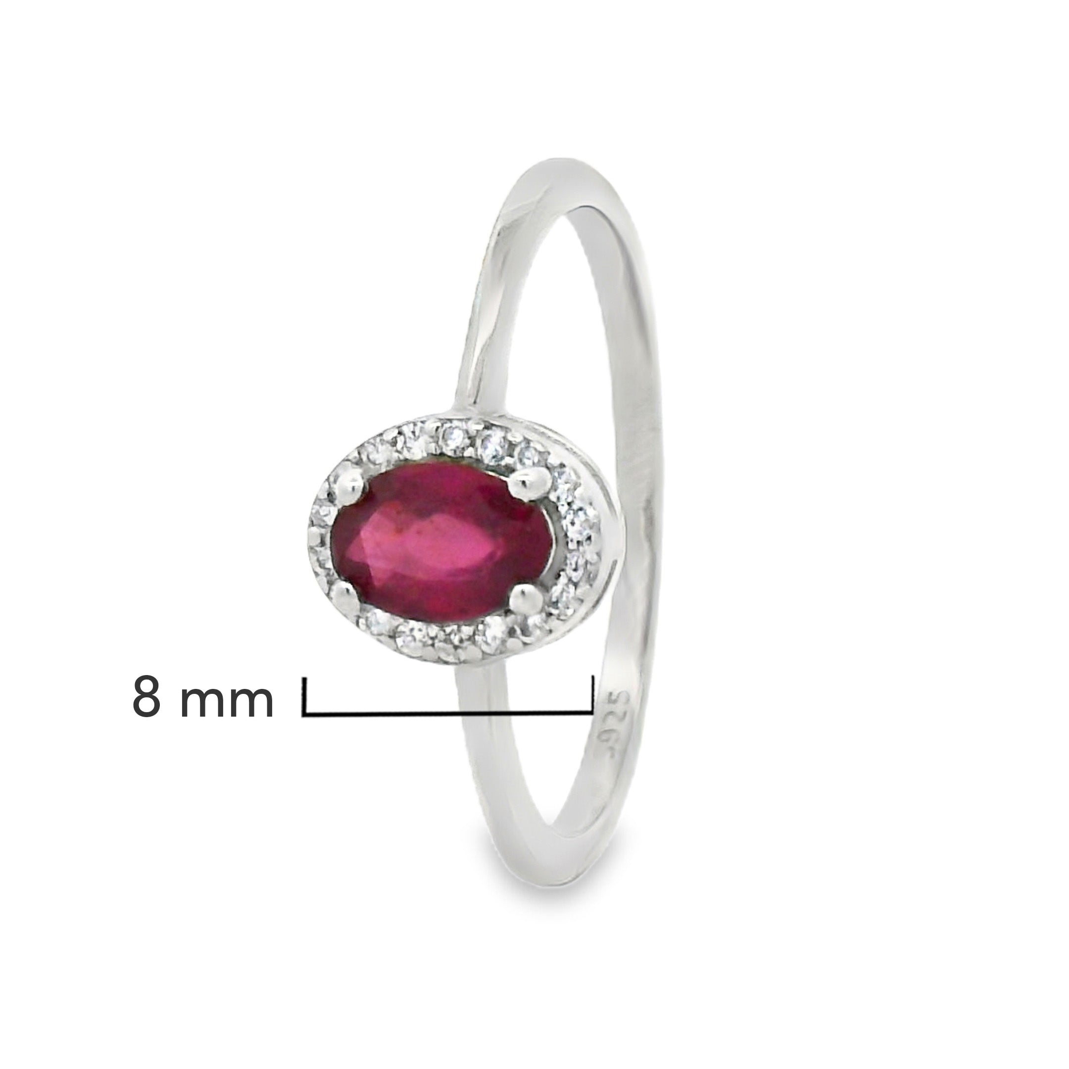Anillo Piedra Preciosa Rubí Óvalo con Circonias, Plata .925 con Baño de Rodio