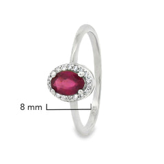 Anillo Piedra Preciosa Rubí Óvalo con Circonias, Plata .925 con Baño de Rodio