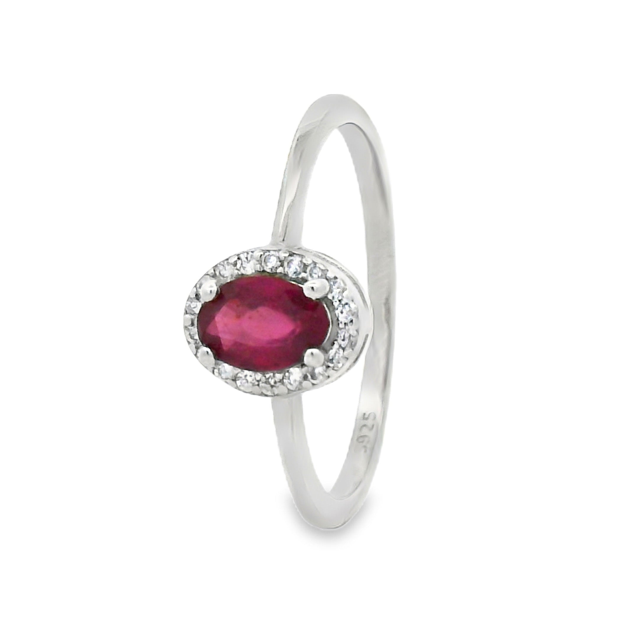 Anillo Piedra Preciosa Rubí Óvalo con Circonias, Plata .925 con Baño de Rodio