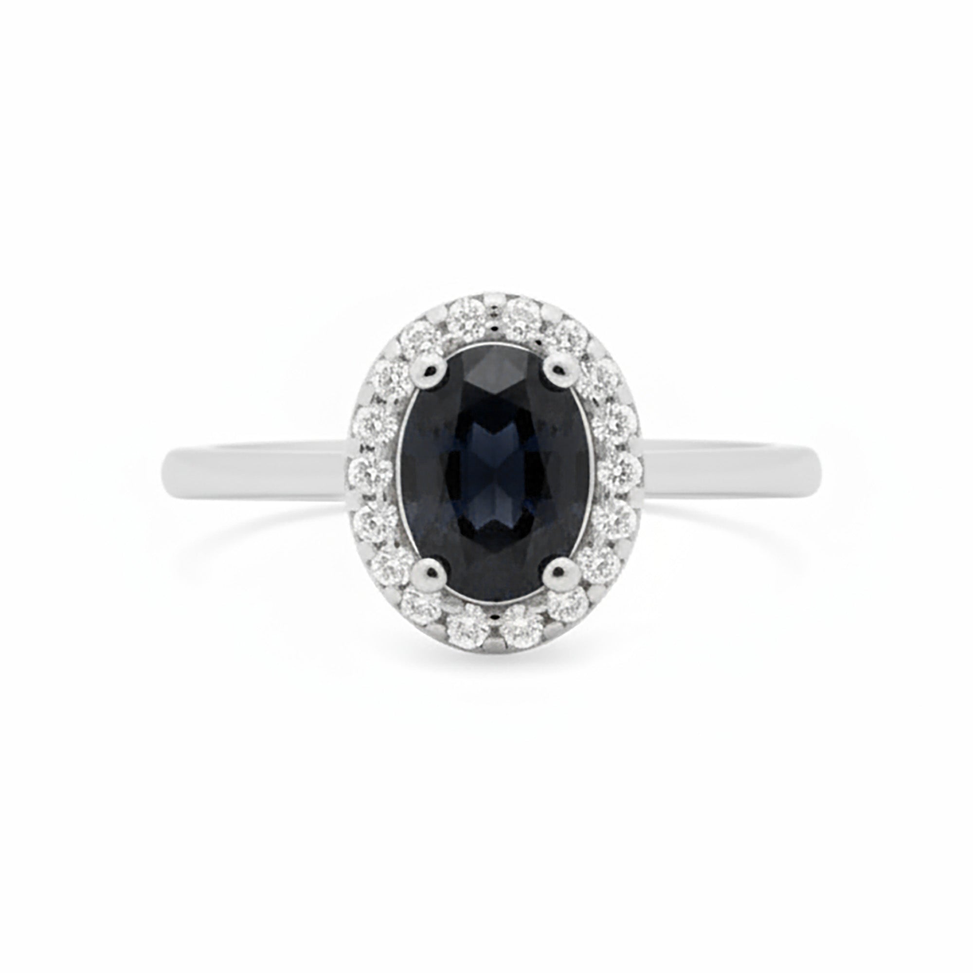 Anillo Piedra Preciosa Zafiro Oscuro Óvalo con Circonias Blancas, Plata .925 con Baño de Rodio