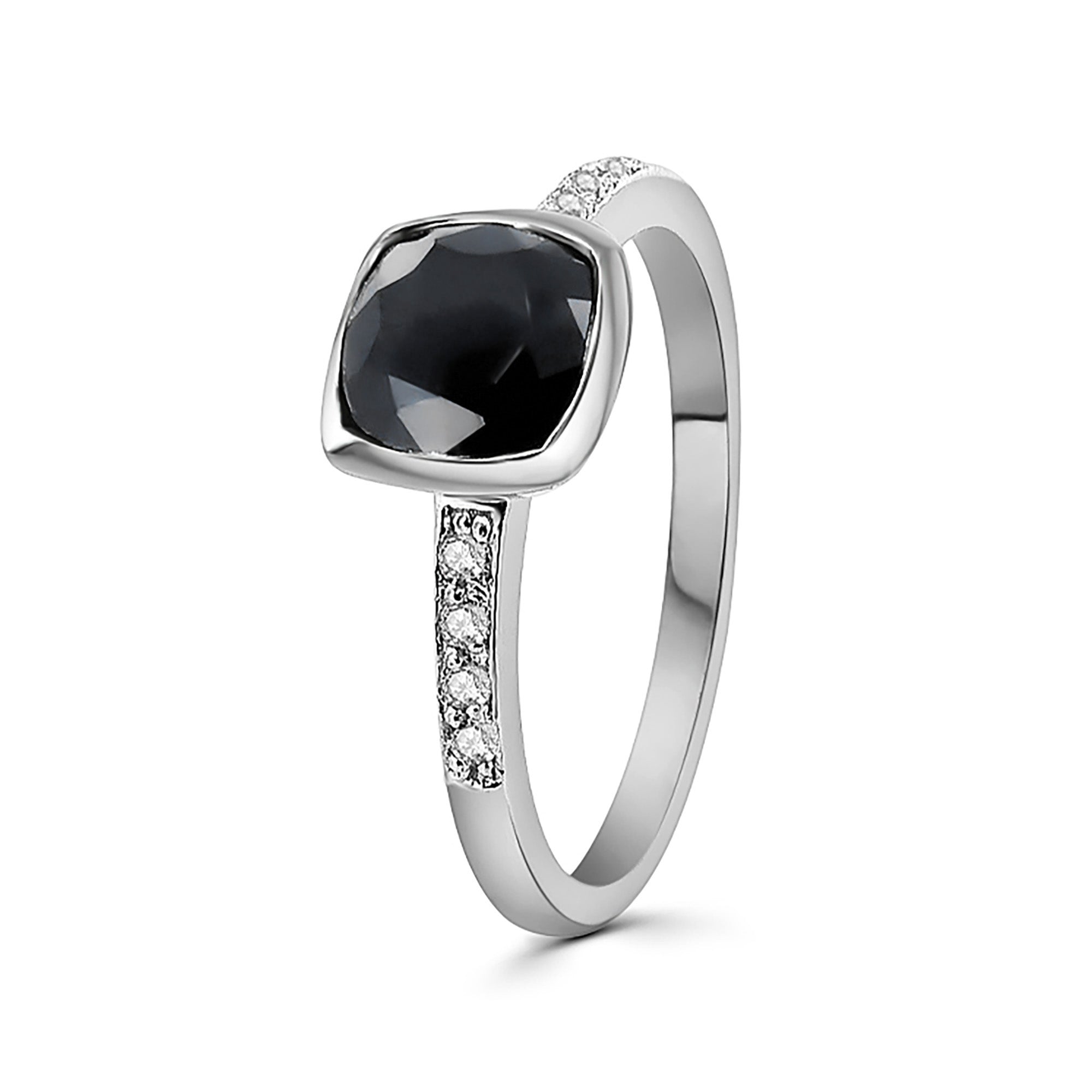 Anillo Piedra Preciosa Zafiro Negro Cuadrado con Circonias, Plata .925 con Baño de Rodio