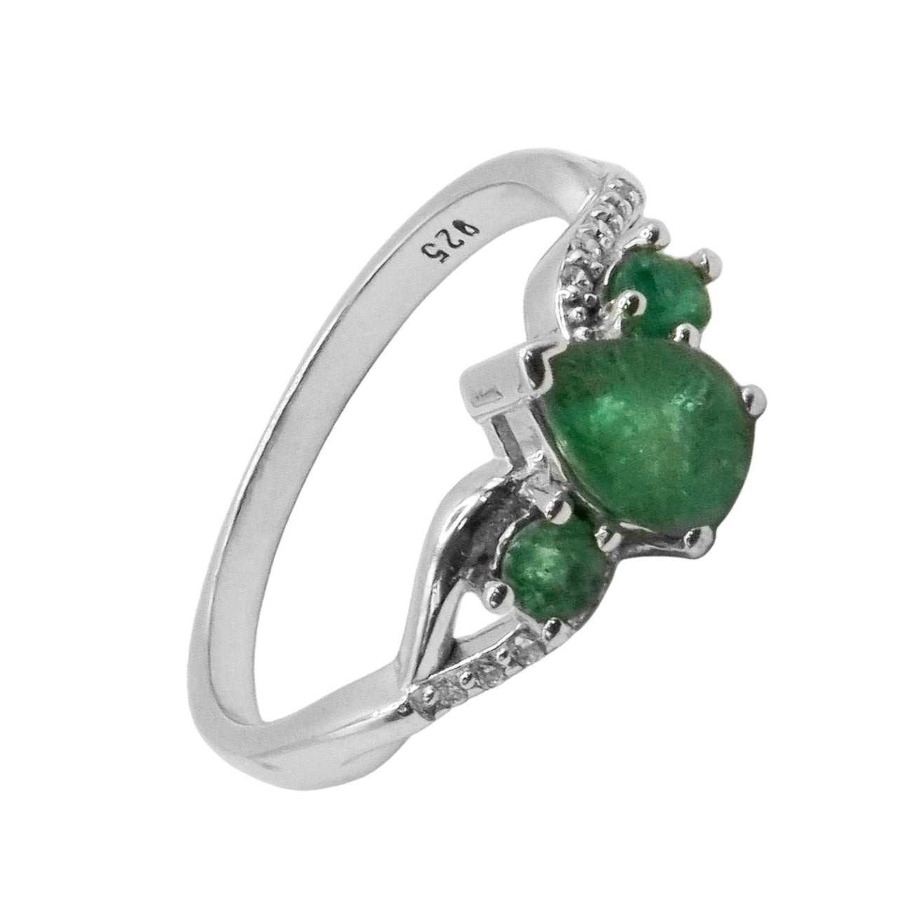 Anillo Piedra Preciosa Esmeraldas Gota y Circulares, Plata .925 con Baño de Rodio