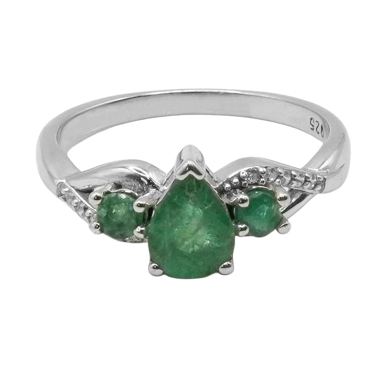 Anillo Piedra Preciosa Esmeraldas Gota y Circulares, Plata .925 con Baño de Rodio