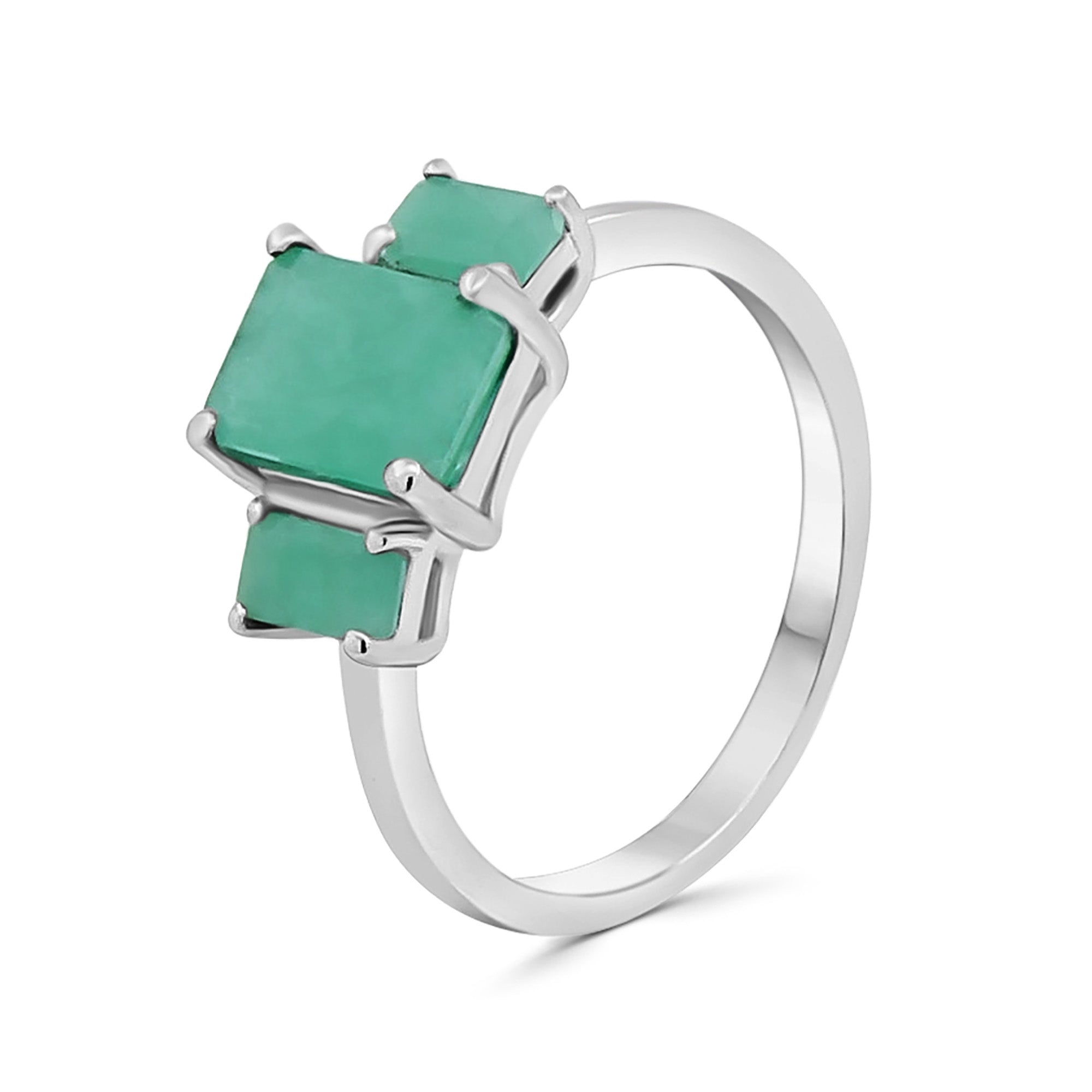 Anillo Piedras Preciosas Esmeraldas Rectangulares en Disminución, Plata .925 con Baño de Rodio