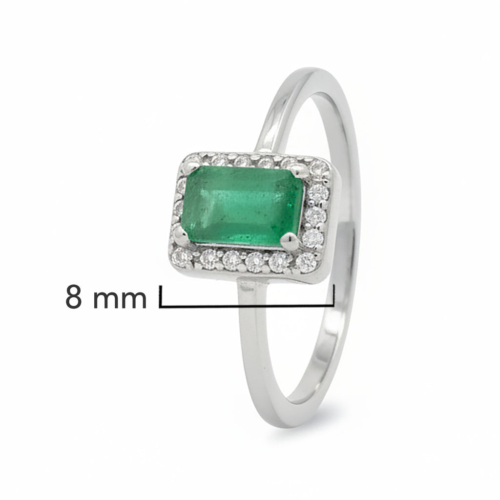 Anillo Piedras Preciosas Esmeralda Rectangular con Circonias, Plata .925 con Baño de Rodio