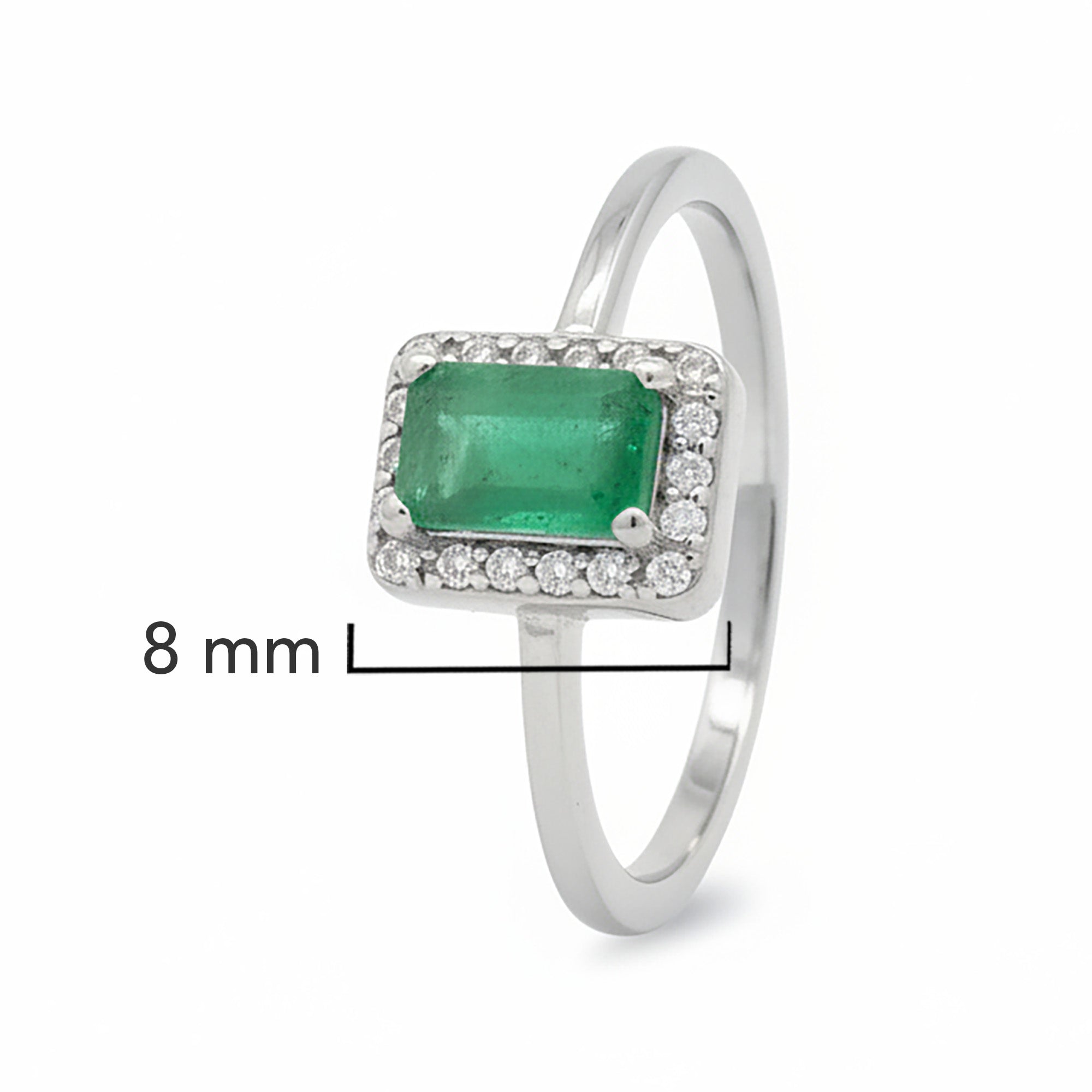 Anillo Piedras Preciosas Esmeralda Rectangular con Circonias, Plata .925 con Baño de Rodio