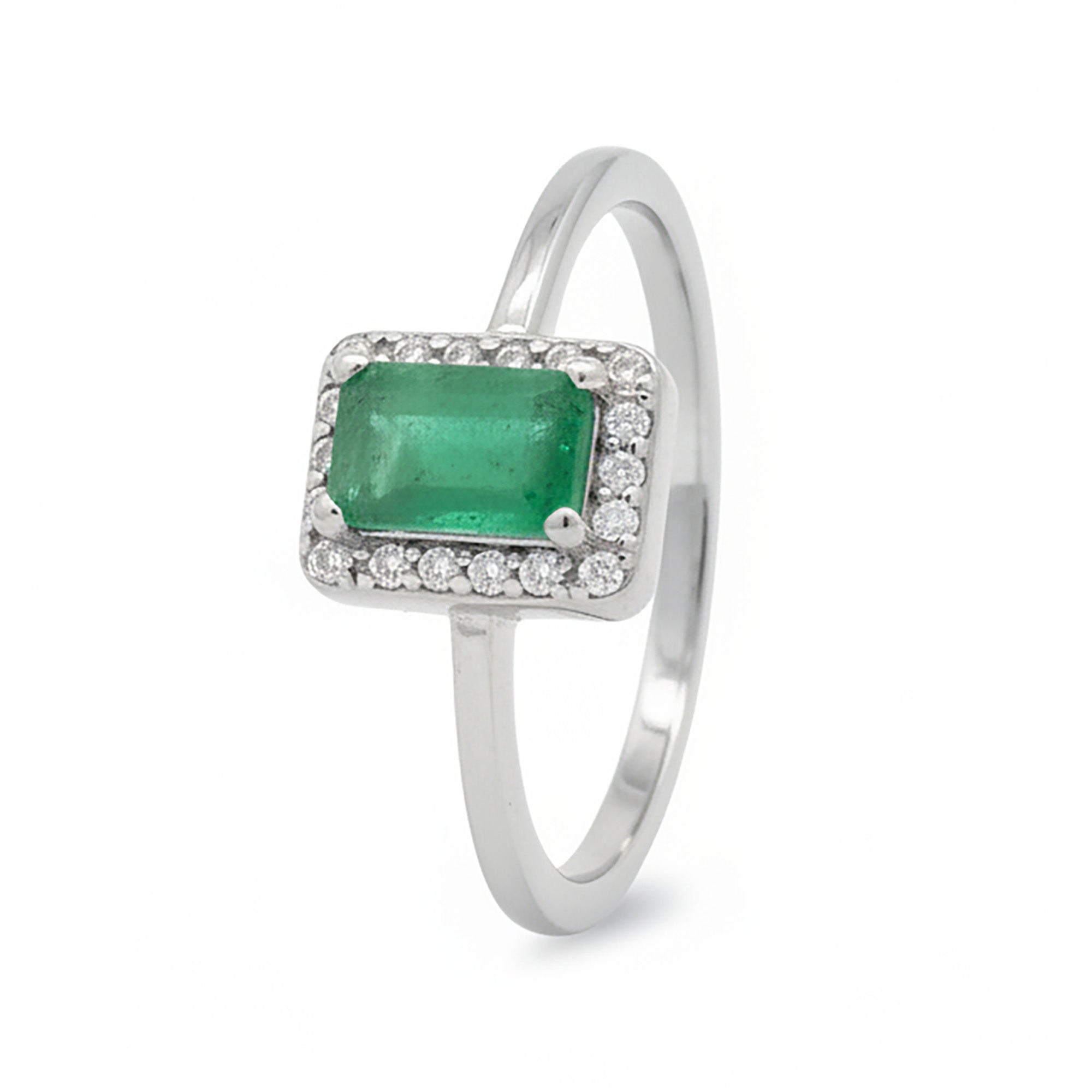 Anillo Piedras Preciosas Esmeralda Rectangular con Circonias, Plata .925 con Baño de Rodio