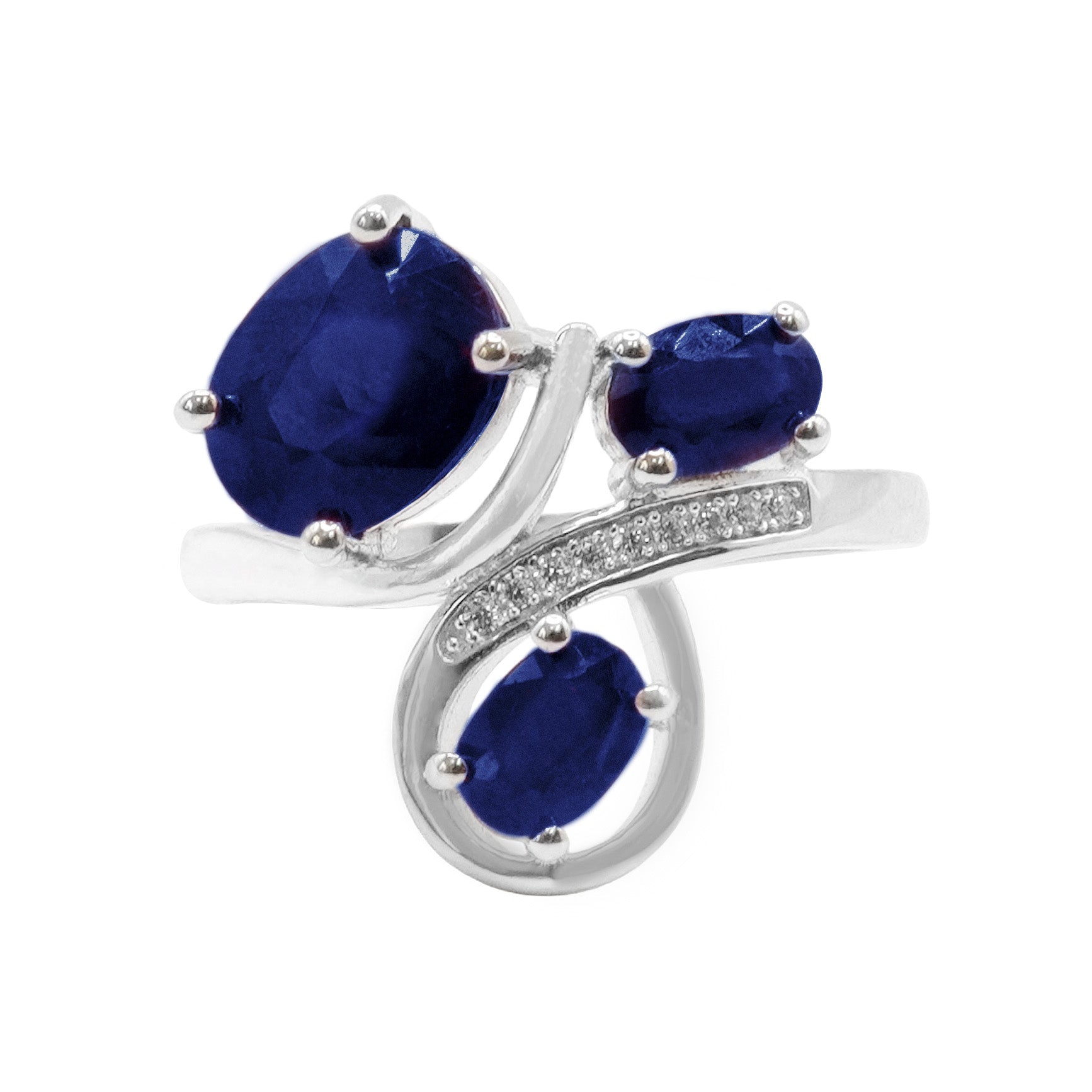 Anillo Piedras Preciosas 3 Zafiros y Línea de Circonias Blancas, Plata .925 con Baño de Rodio