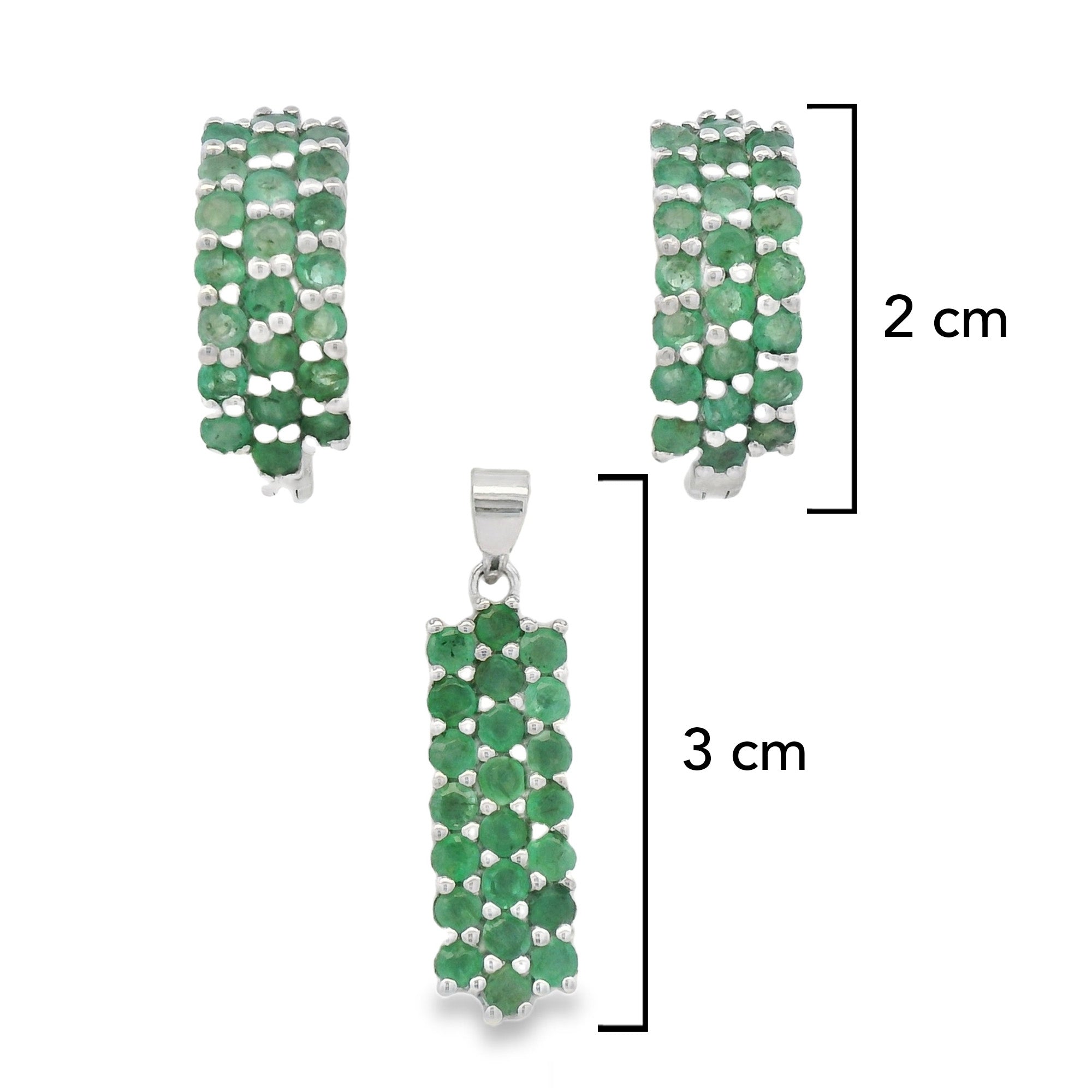 Juego Piedras Preciosas Aretes y Dije Esmeralda, Plata .925 con Baño de Rodio