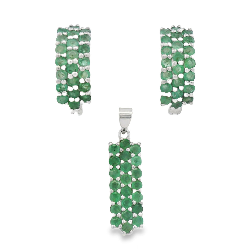 Juego Piedras Preciosas Aretes y Dije Esmeralda, Plata .925 con Baño de Rodio