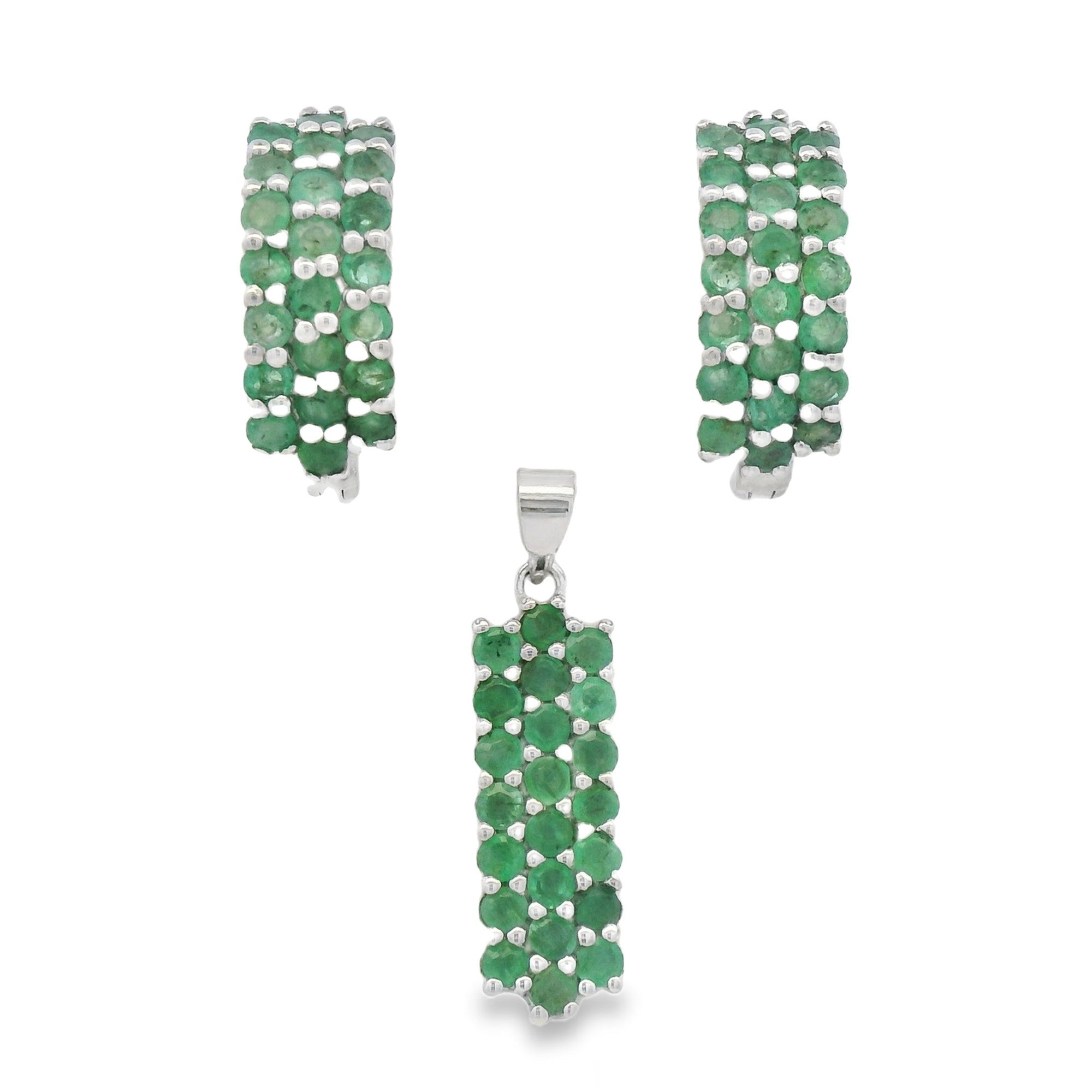 Juego Piedras Preciosas Aretes y Dije Esmeralda, Plata .925 con Baño de Rodio