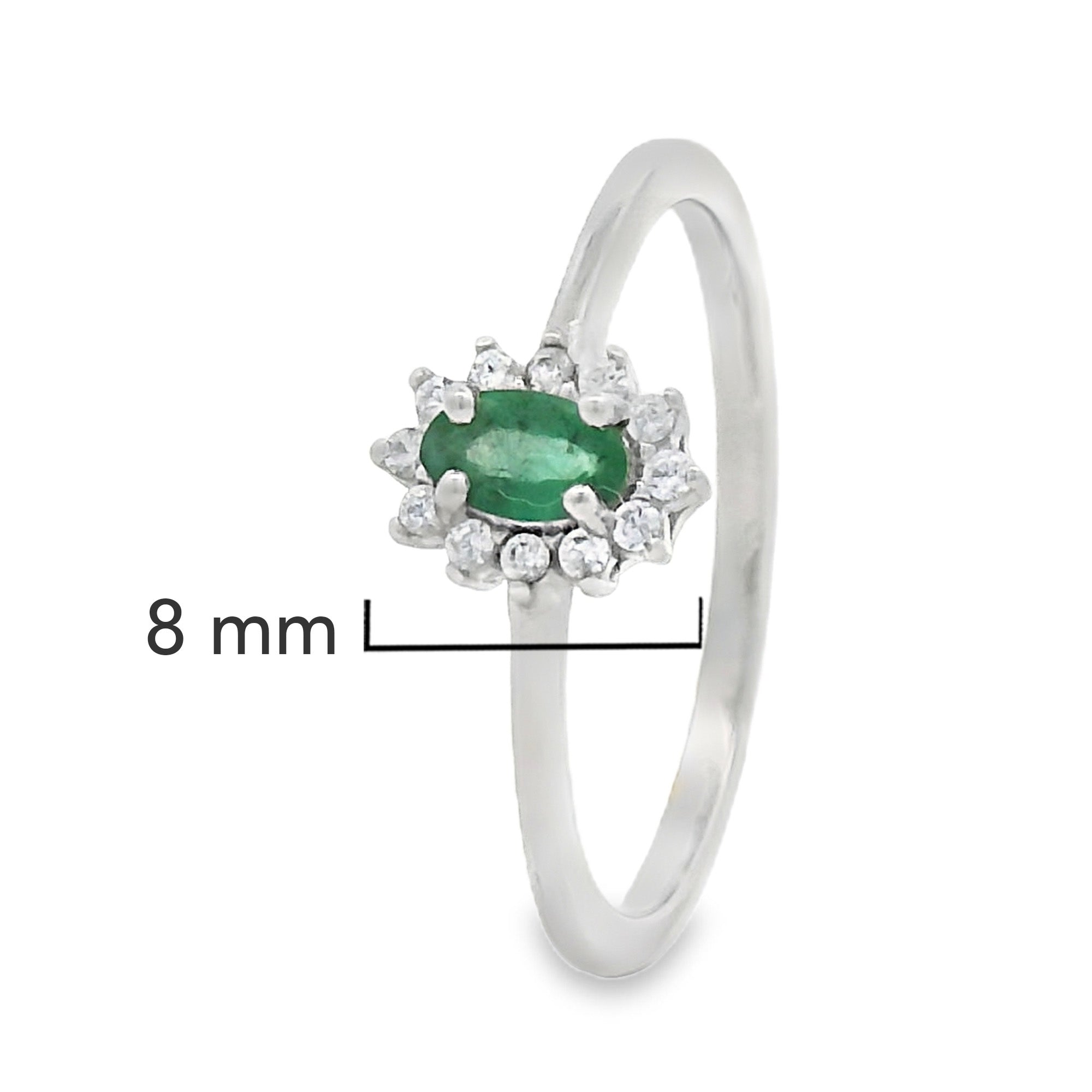 Anillo Piedras Preciosas Flor de Esmeralda Chica con Circonias, Plata .925 con Baño de Rodio