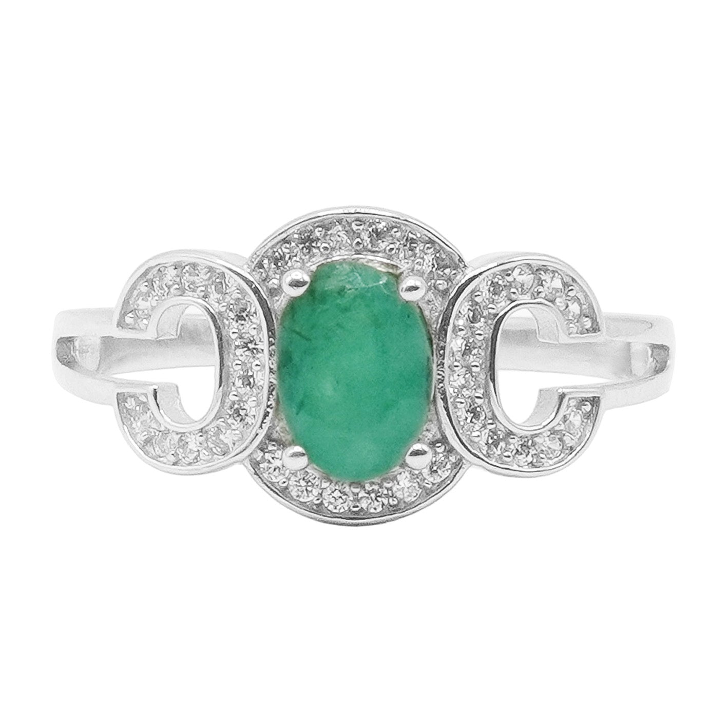 Anillo Piedras Preciosas Esmeralda con Circonias CC, Plata .925 con Baño de Rodio