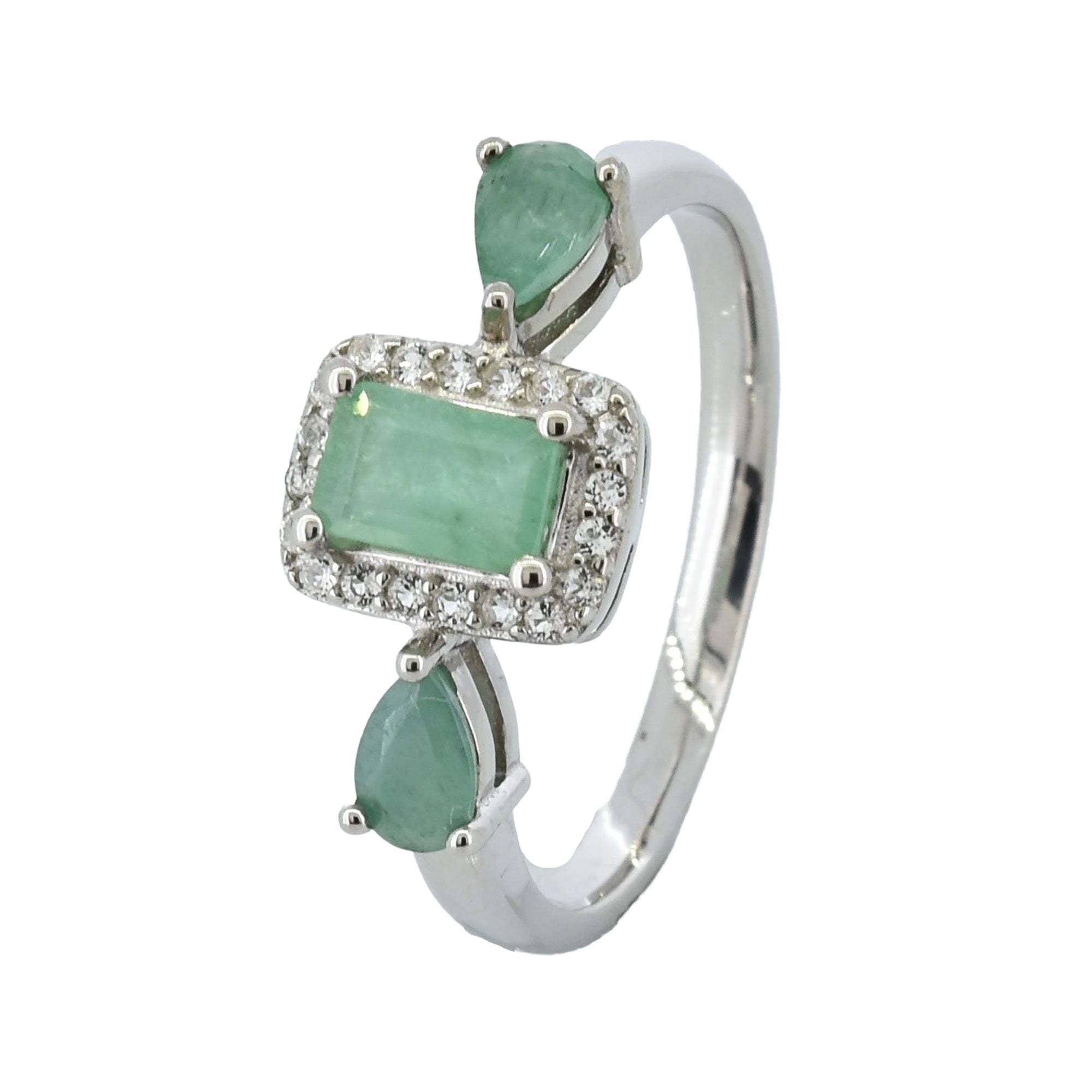 Anillo Piedras Preciosas Esmeralda Rectangular con Circonias y 2 Esmeraldas en Gota, Plata .925 con Baño de Rodio